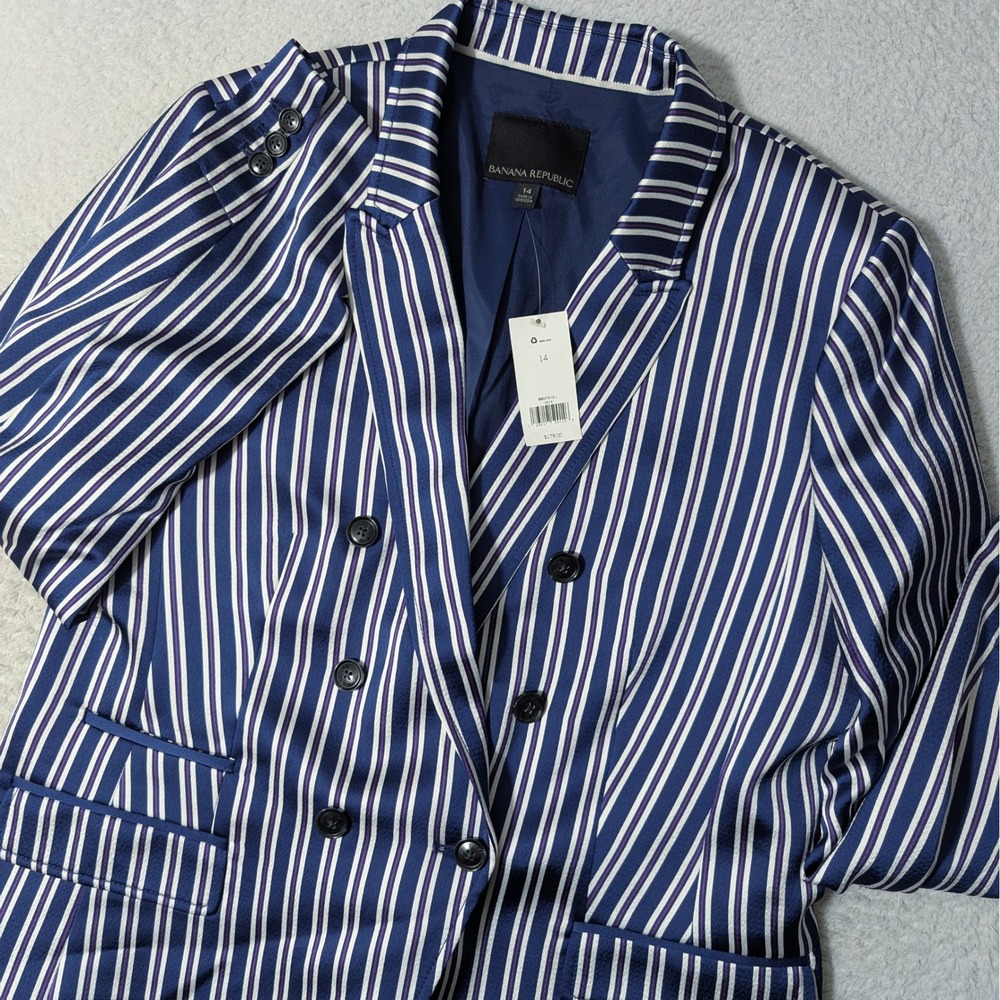NEW Banana Republic Blazer Womens 14‎ Blue Striped Double Breasted Stretch Satin